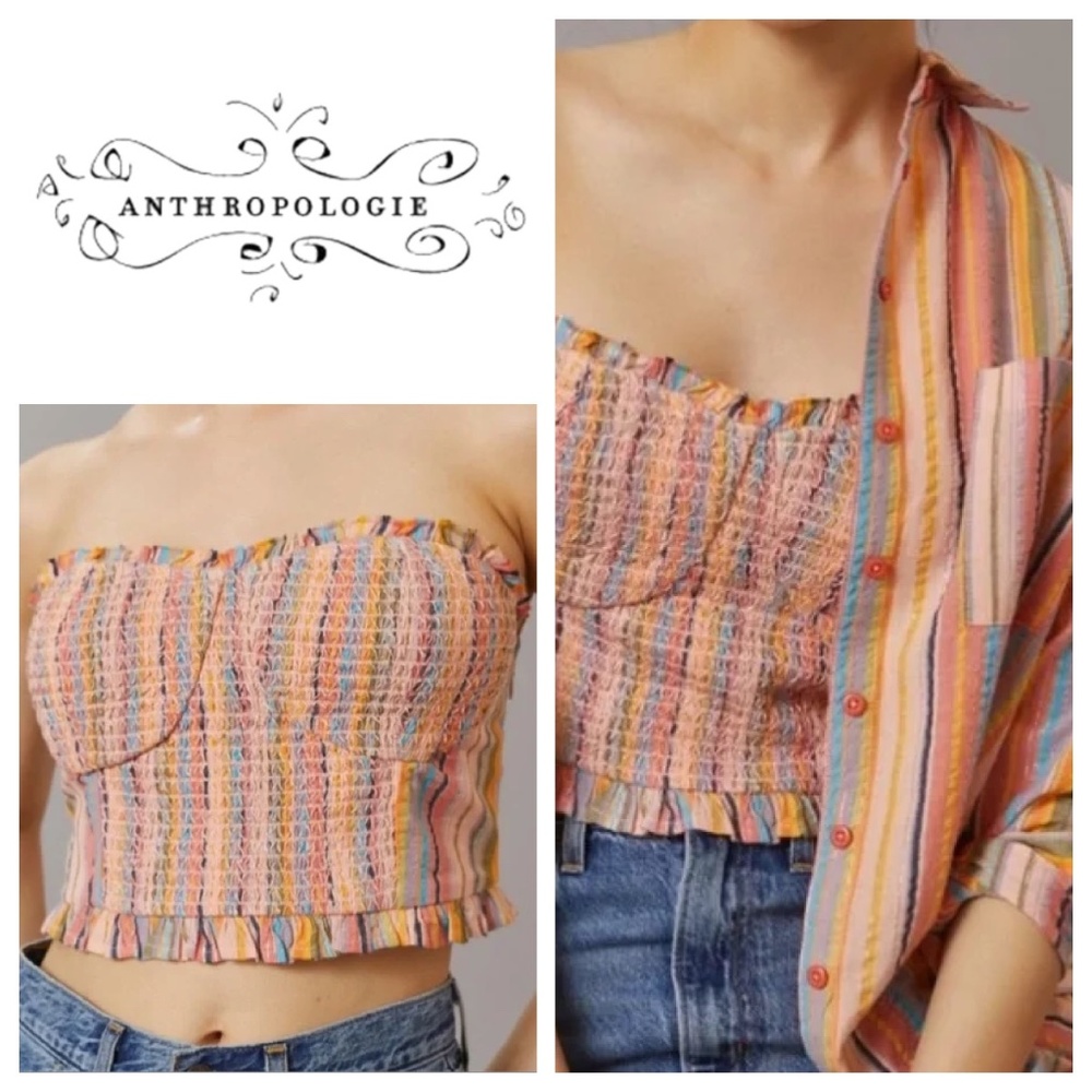 Anthropologie Peach Multicolor Striped Smocked Crop Top